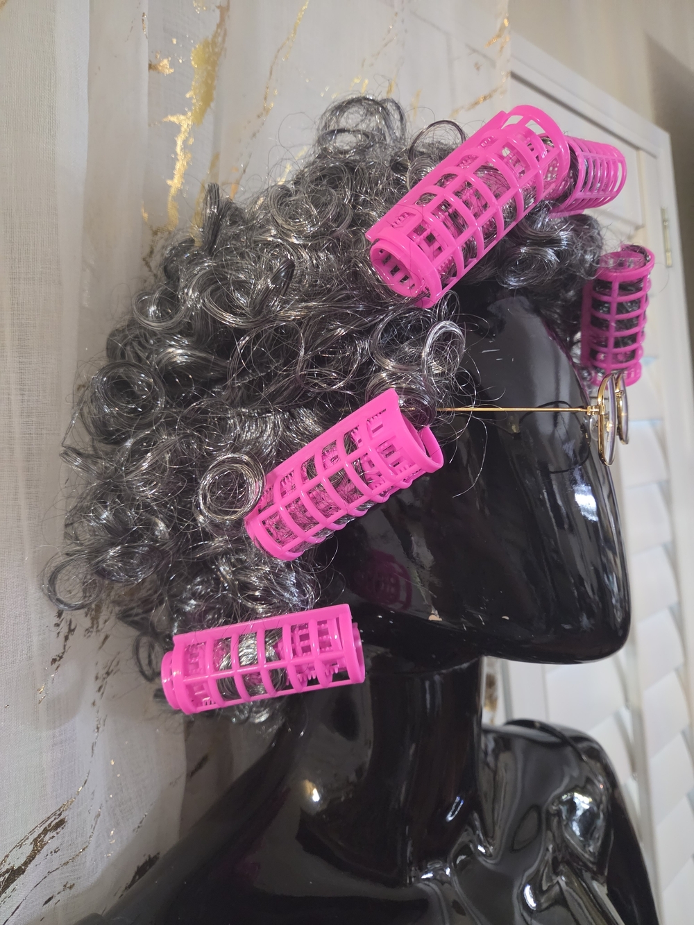 Old Lady Costumune Pink Hair Rollers on Gray  Wig, Curling Rods, Glasses